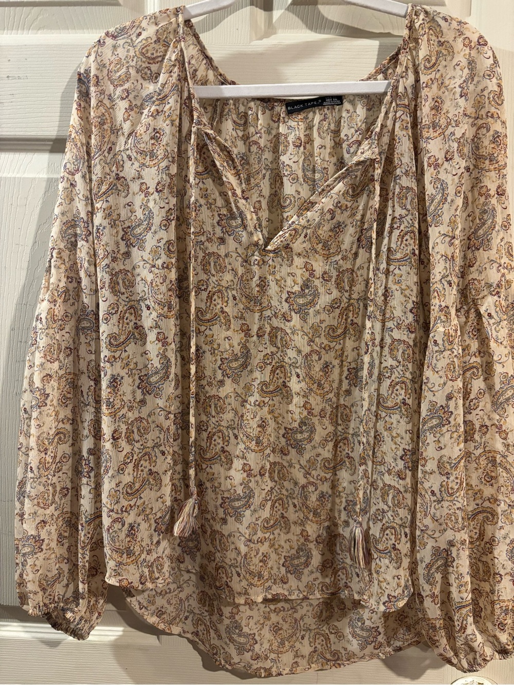 Light Cream Paisley Tie-Neck Peasant Tunic by Black Tape